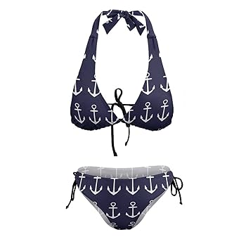 ◆BARREL◆ WOMEN'S NAUTICAL BIKINI SET NAVY Nautical Navy Blue Anchor Women's Bikini Set V Neck Two